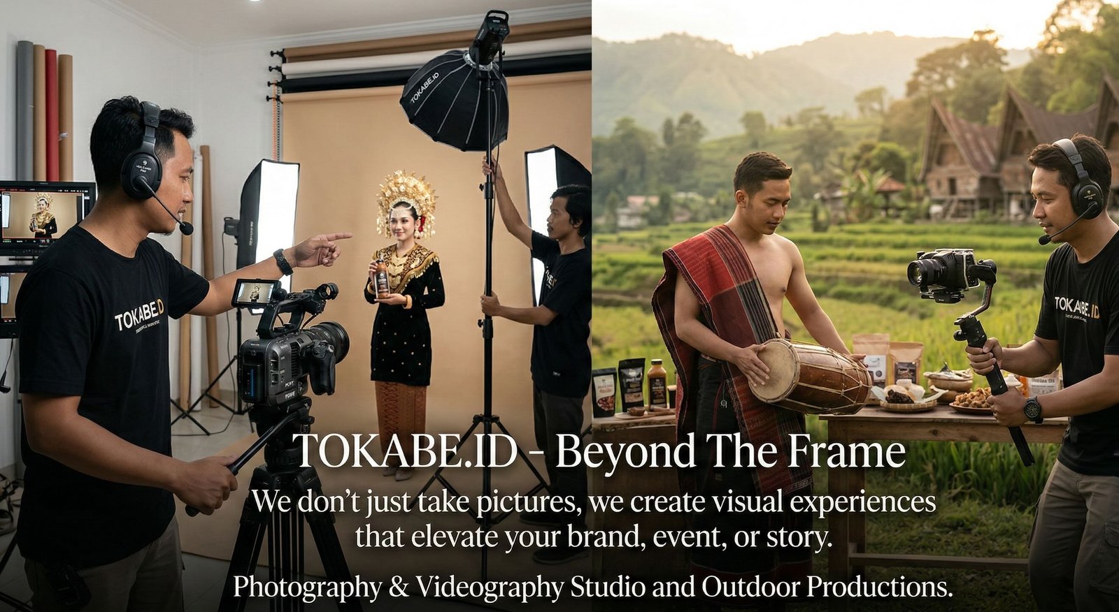 Banner hero Tokabe.id - Photography & Videography 
Beyond The Frame - We don’t just take pictures — we create visual experiences that elevate your brand, event, or personal story. With a touch of cinematic style and storytelling flair, we turn every moment into content that captivates and connects.